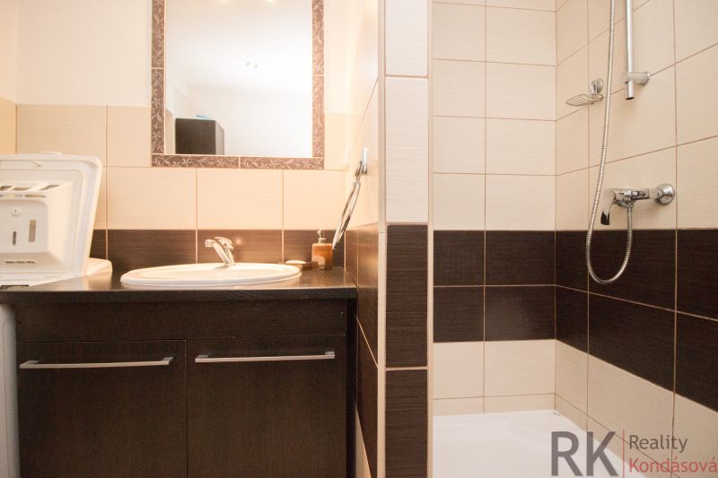 Badezimmer mit Waschbecken, Waschmaschine und Duschkabine in einer 2-Zimmer-Wohnung.