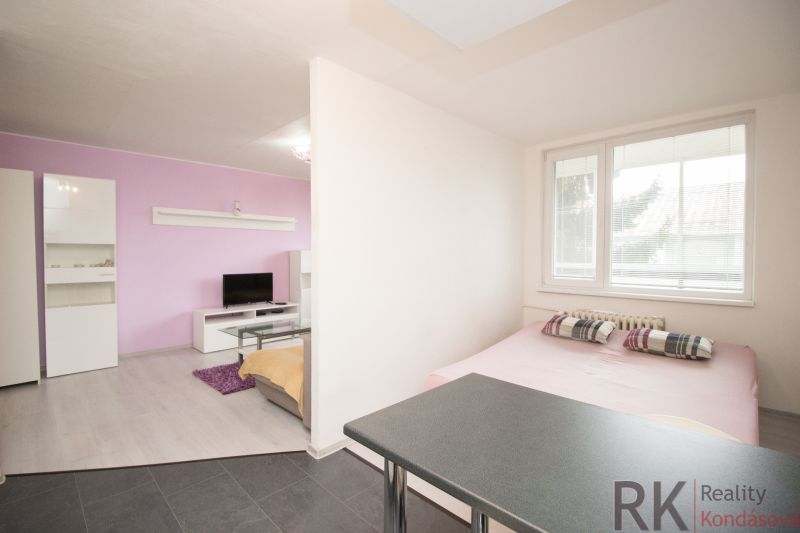 Helles Zimmer in einer 2-Zimmer-Wohnung mit violetter Wand, Fernseher und Sofa.