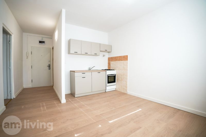 Küchenzeile mit Einbauherd in einer Einzimmerwohnung, Boden mit Holzdekor.
