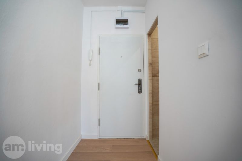 Weißer Eingang mit Holzboden in einer Einzimmerwohnung.
