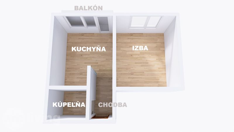 Grundriss einer 1-Zimmer-Wohnung mit Küche, Zimmer, Badezimmer und Bodenbelag in Holzoptik.