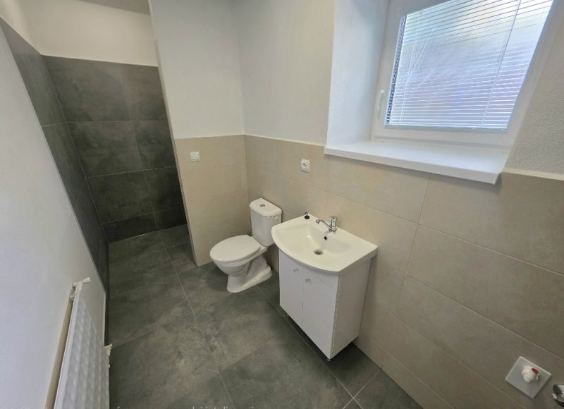 Badezimmer in einer 2-Zimmer-Wohnung mit Toilette, Waschbecken und Duschkabine ohne Abtrennung.