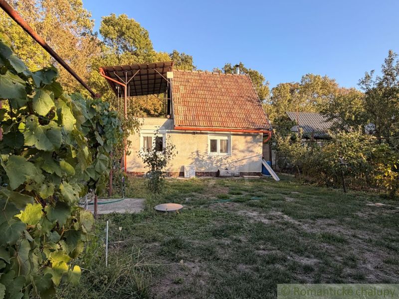 Eine Hütte in Nové Zámky mit Terrasse, umgeben von Natur und Weinbergen vor dem Hintergrund eines Waldes.