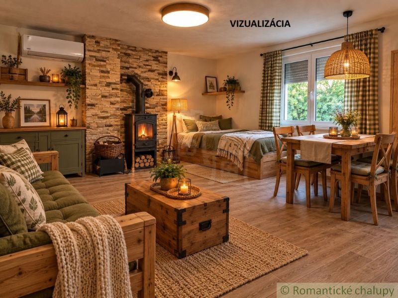 Gemütliche Hütte mit Kamin, Holzelementen, rustikalen Möbeln und angenehmer Atmosphäre.