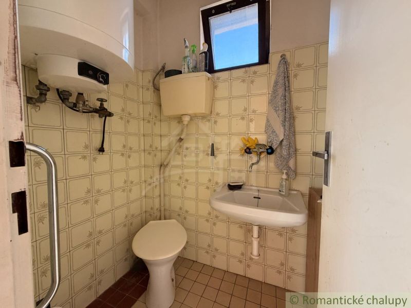 Badezimmer in einem Einfamilienhaus mit Toilette, Fliesen und Fliesen im Retro-Stil.