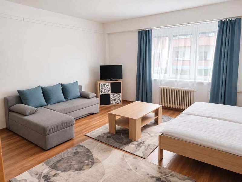 Einzimmerwohnung mit Sofa, Bett, Fernseher, Tisch und Boden in Holzoptik.