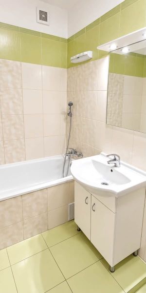 Badezimmer in einer Einzimmerwohnung mit Badewanne, Waschtischunterschrank und grünen Fliesen.