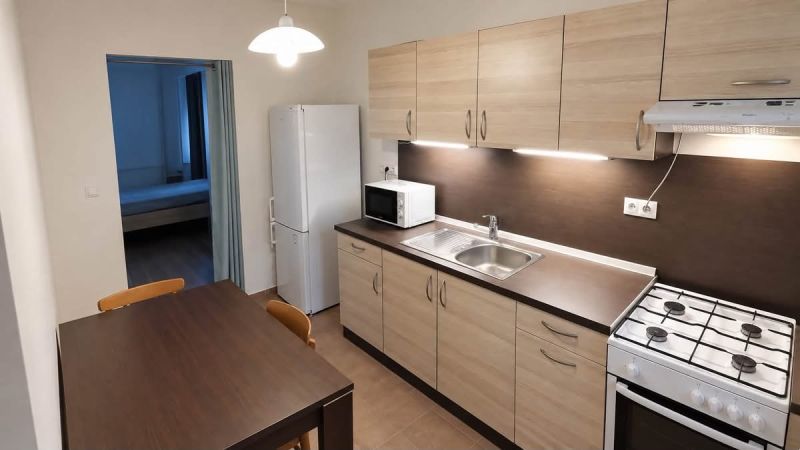 Küche in einer Einzimmerwohnung mit Holzdekor, Herd und Esstisch.