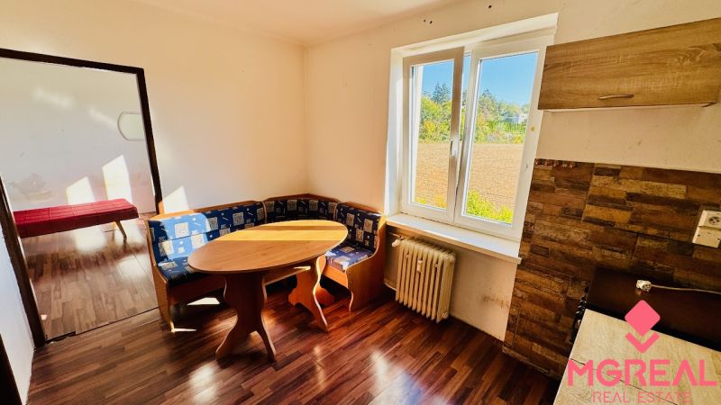 1-Zimmer-Wohnung mit Ecksofa und Boden in Holzoptik.