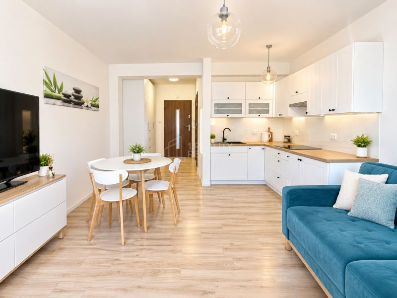 Wohnzimmer und Küche in einer Einzimmerwohnung mit Holzboden.