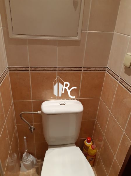 Badezimmer mit Toilette in einer 2-Zimmer-Wohnung, helle Fliesen, Reinigungsmittel, Spülkasten.