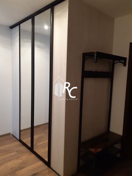 Spiegelschrank und Garderobenwand in einer 2-Zimmer-Wohnung mit Holzboden.