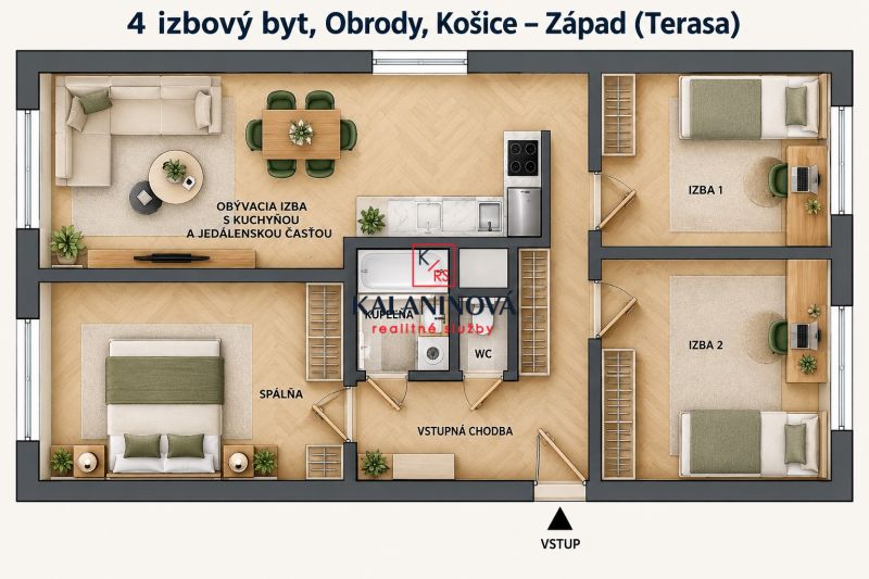 Grundriss einer 4-Zimmer-Wohnung mit Holzboden umfasst Zimmer und Küche.