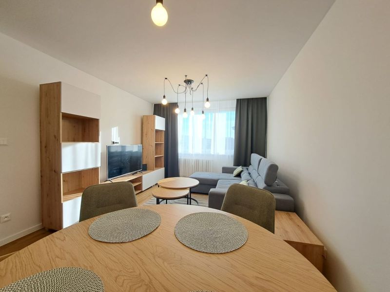 Wohnzimmer in einer Zweizimmerwohnung mit Holzboden und grauem Sofa.