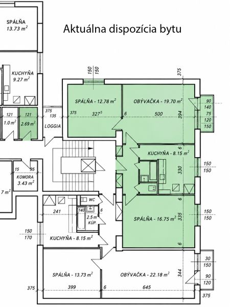 Grundriss einer 3-Zimmer-Wohnung mit Raumgrößen und Loggia.