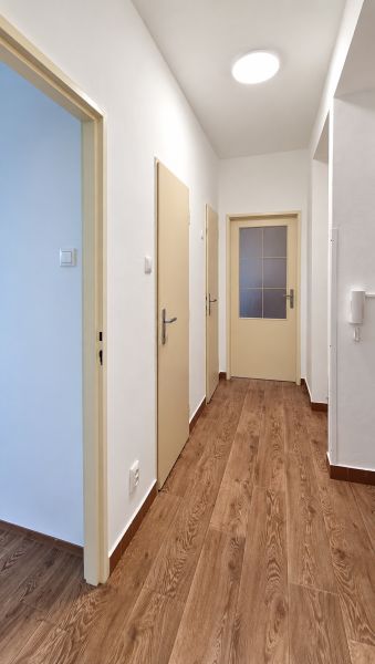 Ein Flur mit drei Türen und einem Boden in Holzoptik in einer 3-Zimmer-Wohnung.