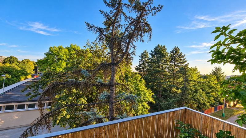 Blick aus einer 3-Zimmer-Wohnung in der Straße Za hradbami in Pezinok, umgeben von Grün.