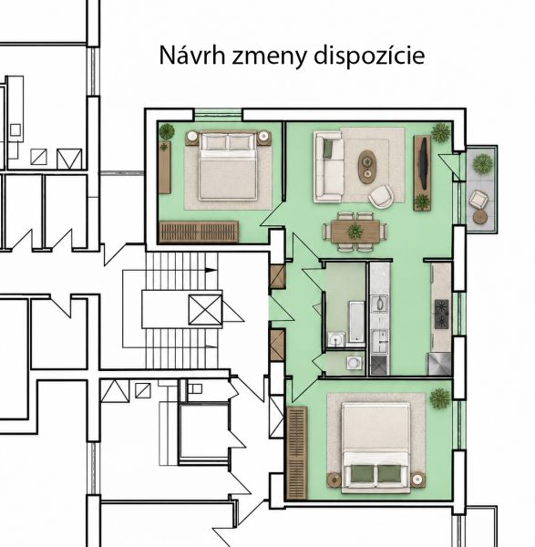Návrh na zmenu dispozície 3-izbového bytu s dvoma spálňami a obývacou izbou.