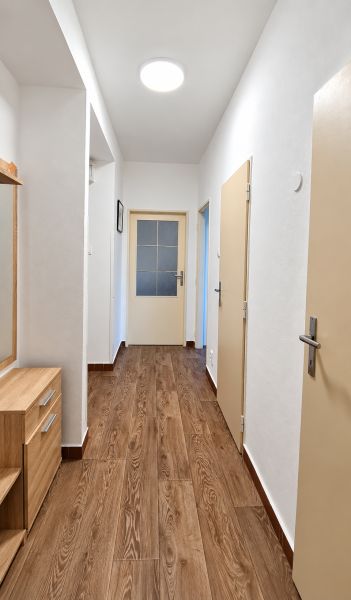 Der Flur in einer 3-Zimmer-Wohnung mit einem Boden in Holzoptik und einem Schrank.