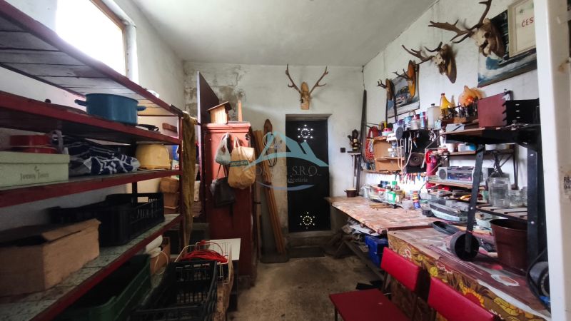 Ein Stauraum mit Regalen und Tischen in einem Einfamilienhaus, dekoriert mit Geweihen an der Wand.