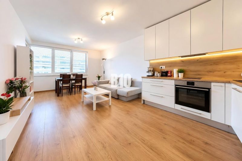 Wohnbereich mit Küche und Holzboden in einer Zweizimmerwohnung.