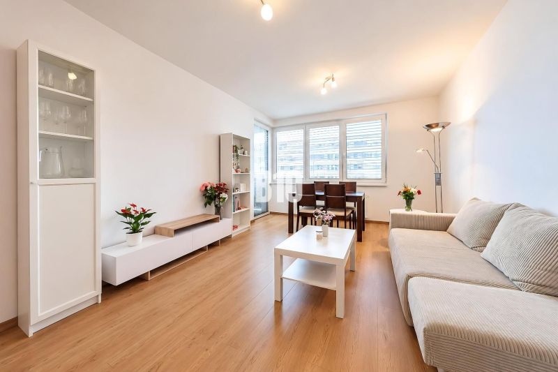 Wohnzimmer in einer 2-Zimmer-Wohnung mit Holzdekorboden und hellen Möbeln.