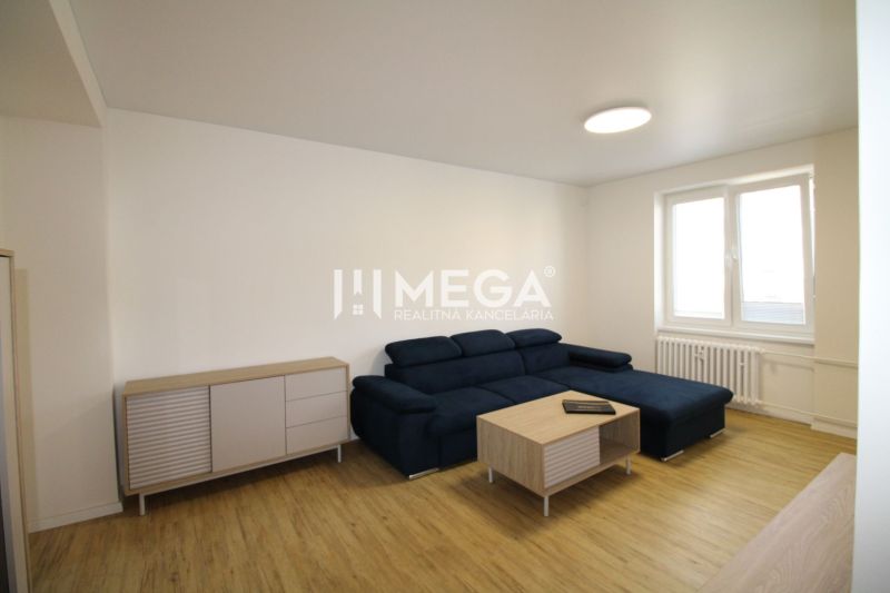 Wohnzimmer in einer 2-Zimmer-Wohnung mit Sofa, Kommode und Boden in Holzoptik.