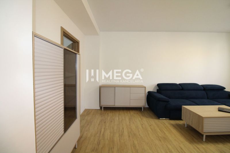 Wohnzimmer mit Holzboden, blauer Couchgarnitur und Möbeln in einer Zweizimmerwohnung.