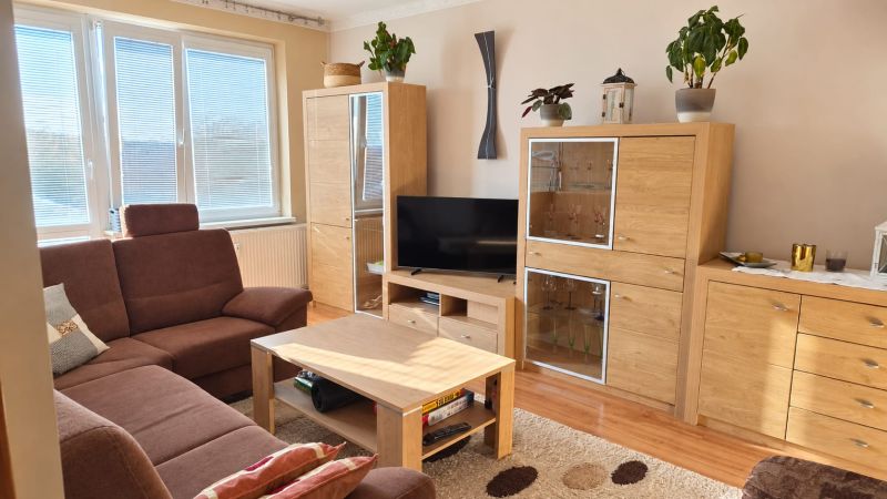 Wohnzimmer mit braunem Sofa, Holzmöbeln und Boden mit Holzdekor.