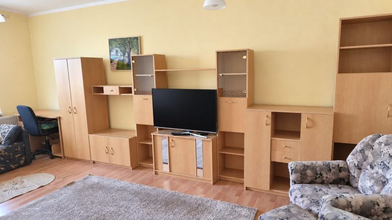 Wohnzimmer in einer 3-Zimmer-Wohnung mit Holzboden, helle Möbel, Fernseher.