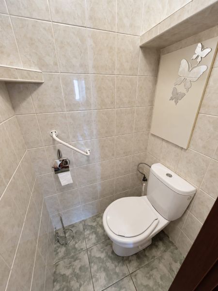 Toilette mit Keramikfliesen und Schmetterlingsmotiv in einer 3-Zimmer-Wohnung.