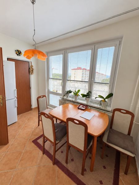 Esszimmer in einer 3-Zimmer-Wohnung mit Fenster, Pflanzen und quadratischem Tisch mit Stühlen.