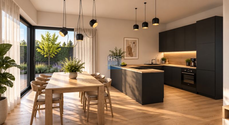 Küche in einem Einfamilienhaus mit Holzboden und großen Fenstern.
