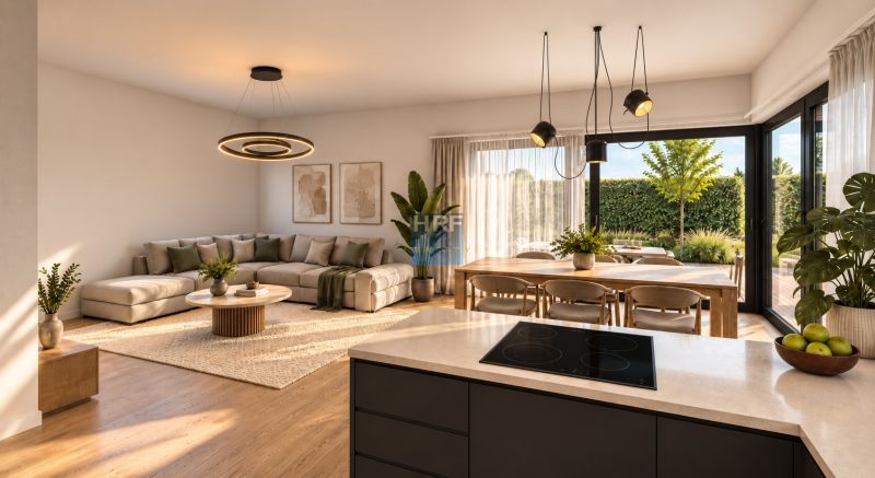 Wohnzimmer in einem Einfamilienhaus mit Holzboden und großen Fenstern zum Garten.