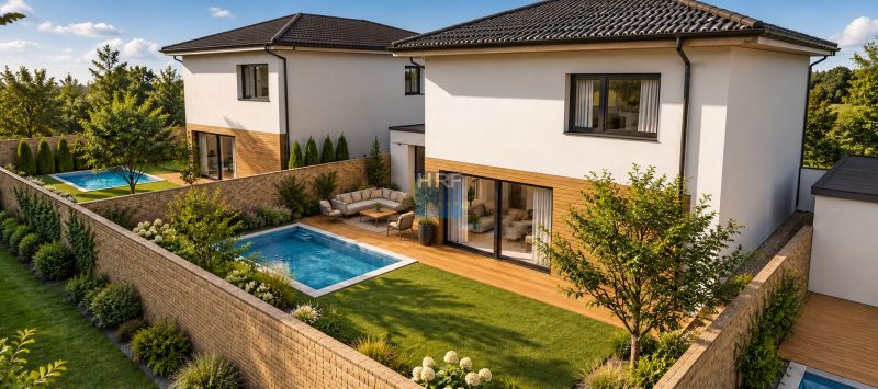 Einfamilienhäuser in Vinohrady in Senica haben einen Pool und eine Terrasse mit privatem Garten.