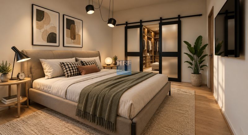 Schlafzimmer im Einfamilienhaus mit Glastüren und Boden in Holzoptik.