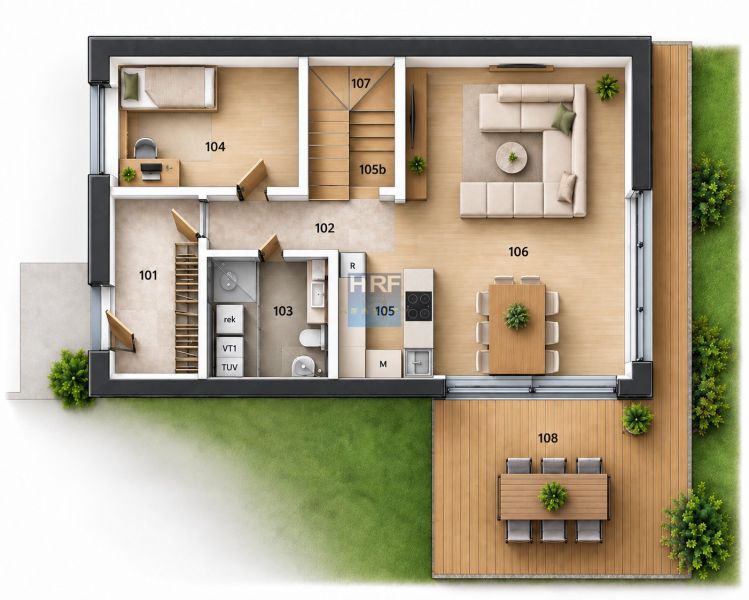 Grundriss eines Einfamilienhauses mit Holzboden, Terrasse und Garten.