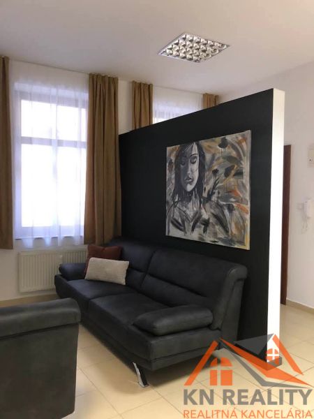 Wohnzimmer in einer Zweizimmerwohnung mit einem Sofa und einem Bild an der Wand.