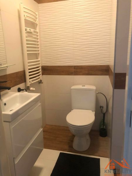 Kompaktes Badezimmer in einer 2-Zimmer-Wohnung mit Waschbecken und Toilette.