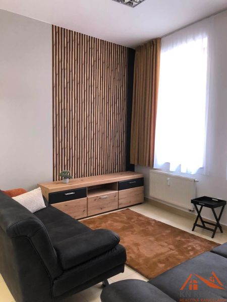 Wohnzimmer in einer 2-Zimmer-Wohnung mit Holzboden und schwarzem Sofa.