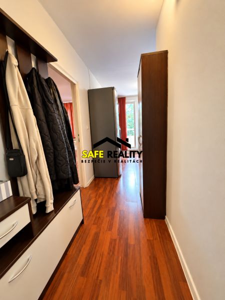 Flur in einer Einzimmerwohnung mit Holzdekorboden und einem Schrank.
