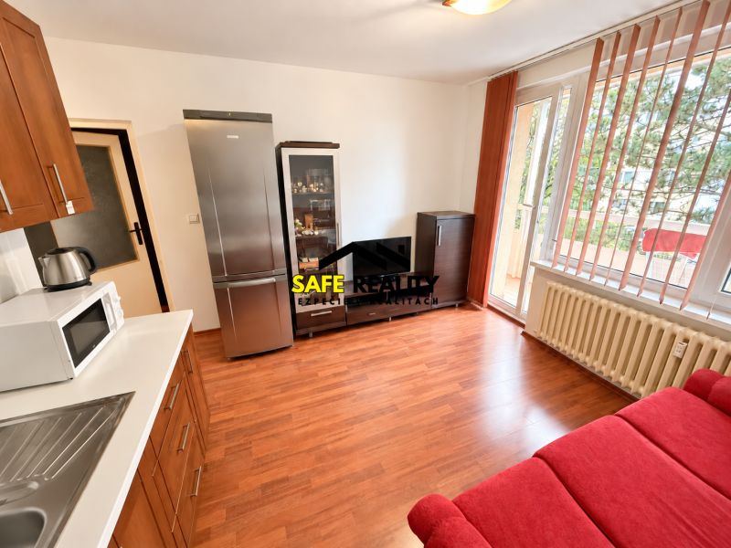 Wohnbereich einer Einzimmerwohnung mit Holzboden und Zugang zum Balkon.