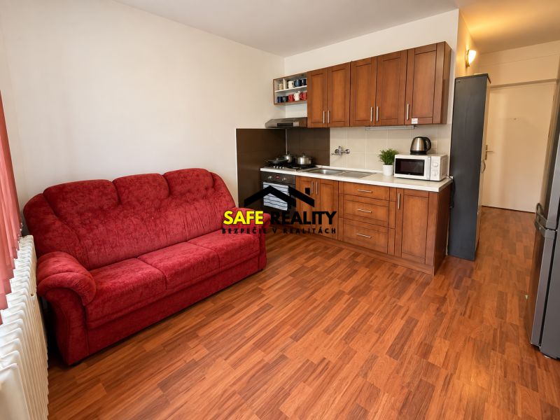 Küche in einer Einzimmerwohnung mit rotem Sofa und Holzboden.