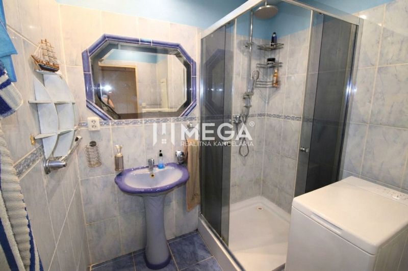 Badezimmer in einer 3-Zimmer-Wohnung mit blauem Waschbecken, Dusche und Waschmaschine.