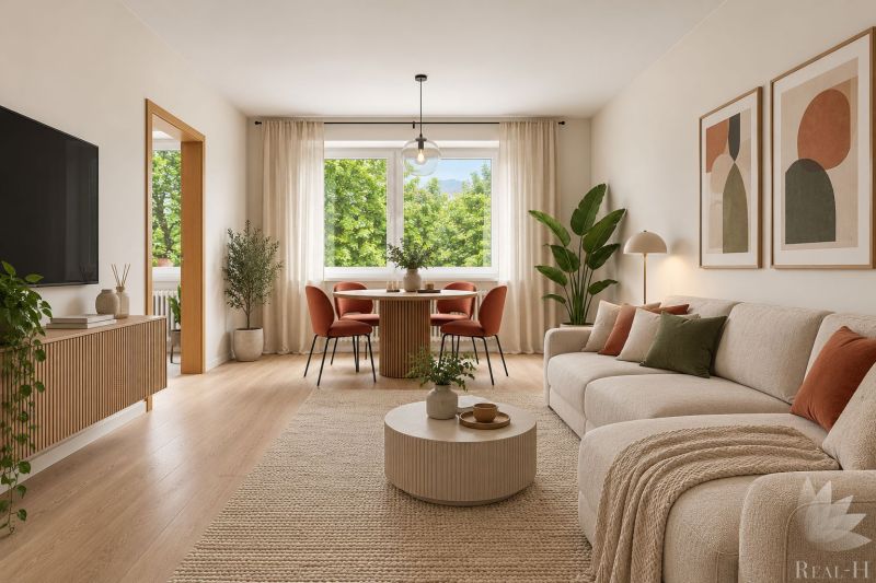 Wohnzimmer in einer Zweizimmerwohnung mit Sofa, Tisch und großem Fenster mit Aussicht.