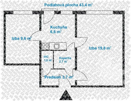 Grundriss einer 2-Zimmer-Wohnung mit Küche, Badezimmer und Flur, Wohnfläche 43,4 m².
