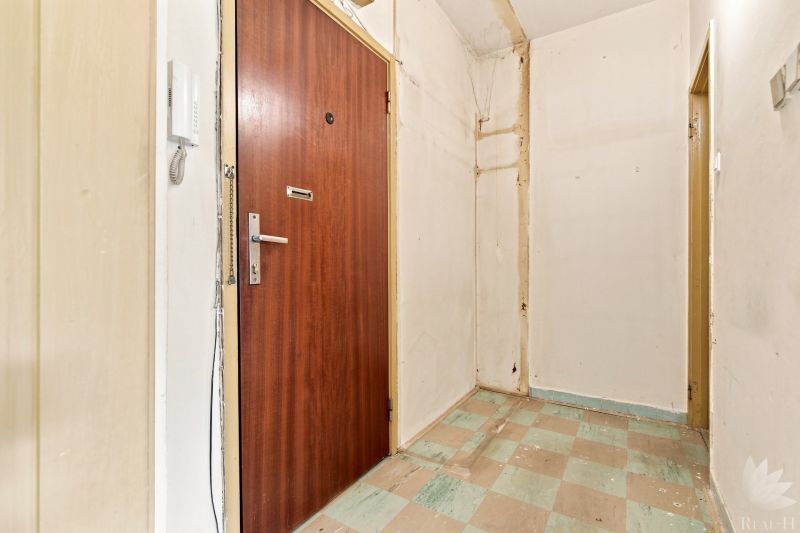 Eingangsflur in einer 2-Zimmer-Wohnung mit Holztüren und Fliesenboden.