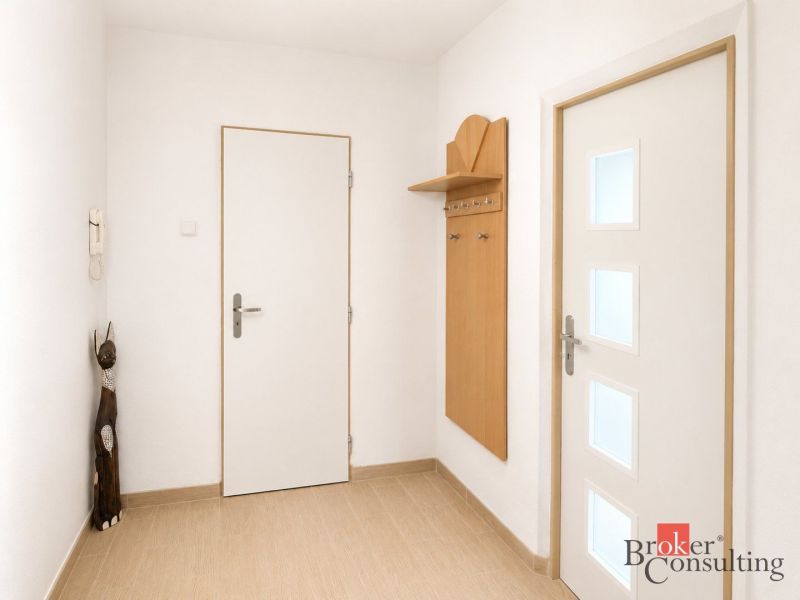 Diele in einer 3-Zimmer-Wohnung mit einer Garderobenwand und einem Boden mit Holzdekor.