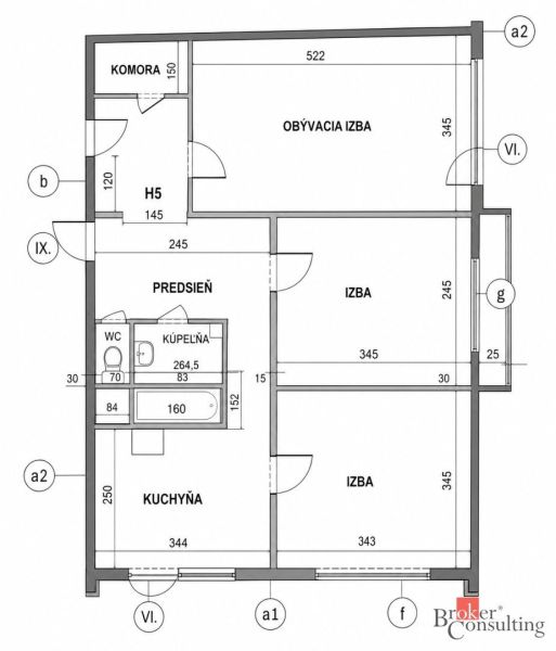 Grundriss einer 3-Zimmer-Wohnung mit Abstellraum und Diele, ohne Holzdekor auf dem Boden.