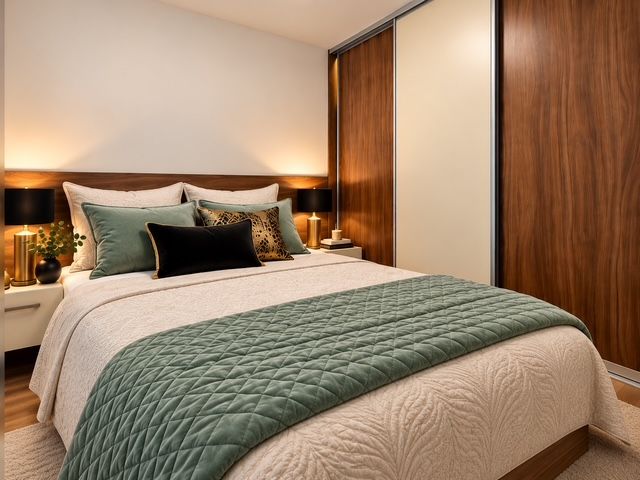 Schlafzimmer in einer 2-Zimmer-Wohnung, Kombination aus Holzboden und elegantem Möbelstück.